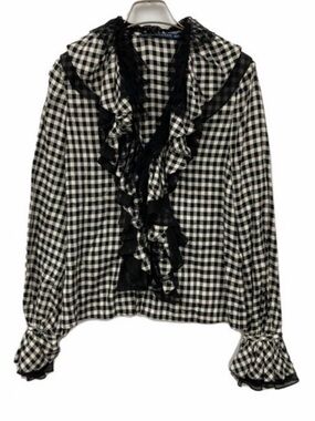 Ralph Lauren Black and White Gingham Lace-Trim Blouse